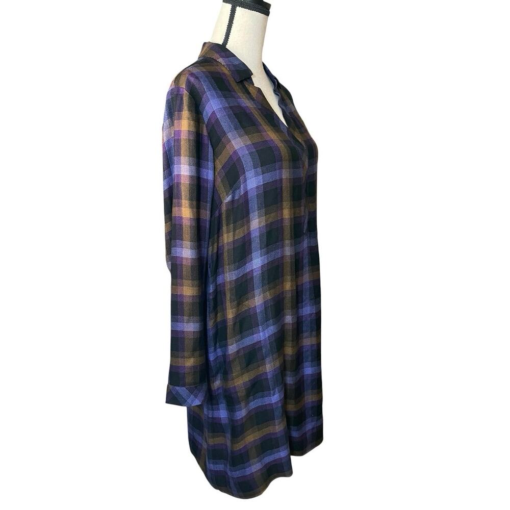 J.Jill Plaid Split-Neck Flannel Shirt Dress Purple Tunic Pockets Size M - Picture 4 of 11